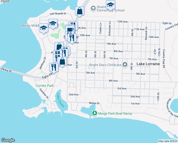 map of restaurants, bars, coffee shops, grocery stores, and more near 109 Post Oak Place in Shalimar