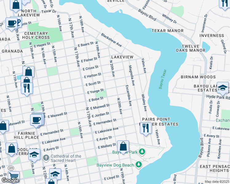 map of restaurants, bars, coffee shops, grocery stores, and more near 1908 East Yonge Street in Pensacola