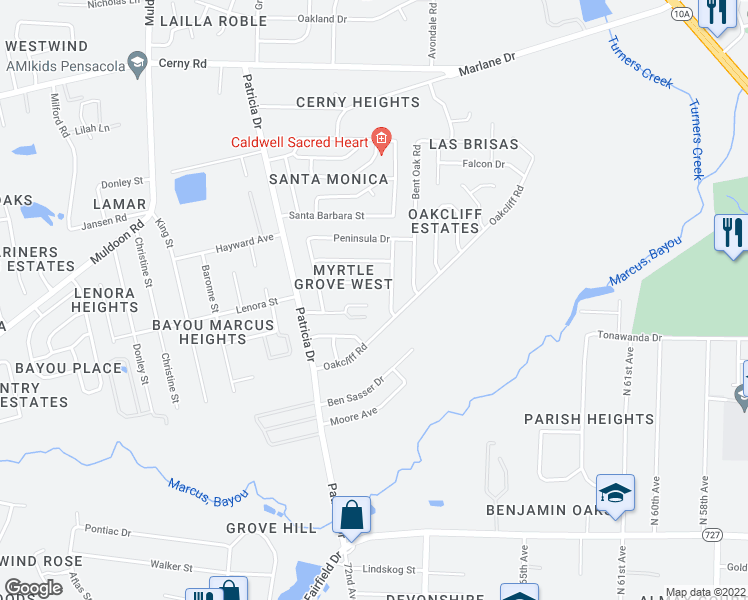 map of restaurants, bars, coffee shops, grocery stores, and more near 7105 Princess Lane in Pensacola