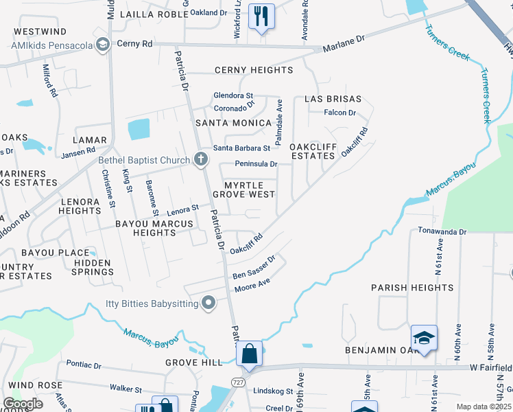 map of restaurants, bars, coffee shops, grocery stores, and more near 7155 Princess Lane in Pensacola