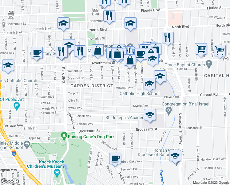 map of restaurants, bars, coffee shops, grocery stores, and more near 2376 Cherokee Street in Baton Rouge