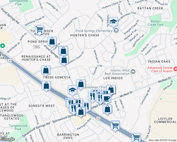 map of restaurants, bars, coffee shops, grocery stores, and more near 8005 Boneta Trail in Austin