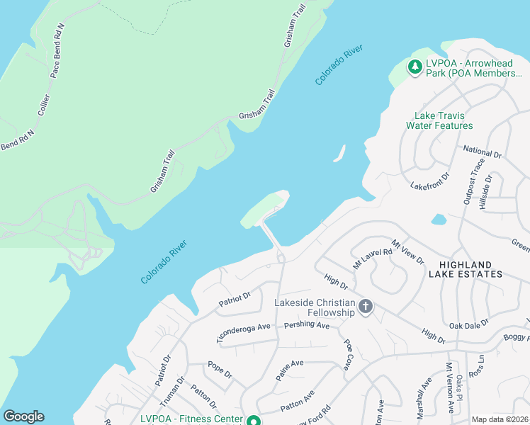 map of restaurants, bars, coffee shops, grocery stores, and more near 3404 American Drive in Lago Vista