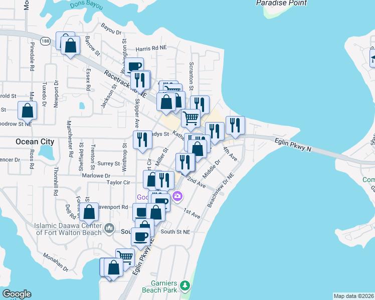 map of restaurants, bars, coffee shops, grocery stores, and more near 130 Katherine Street in Fort Walton Beach