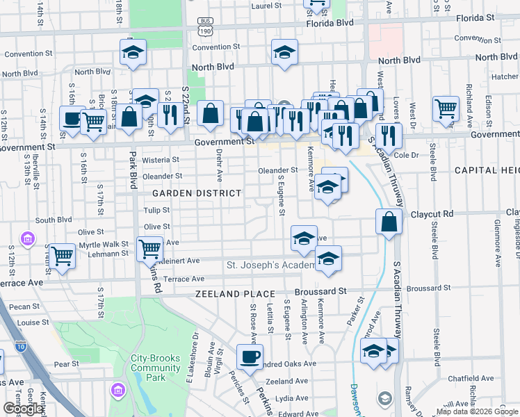 map of restaurants, bars, coffee shops, grocery stores, and more near 2621 McGrath Avenue in Baton Rouge