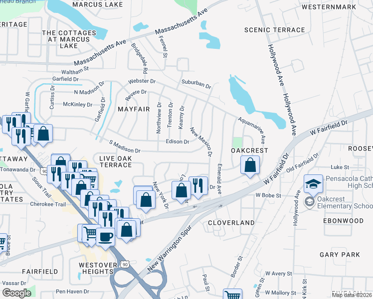 map of restaurants, bars, coffee shops, grocery stores, and more near 920 South Madison Drive in Pensacola