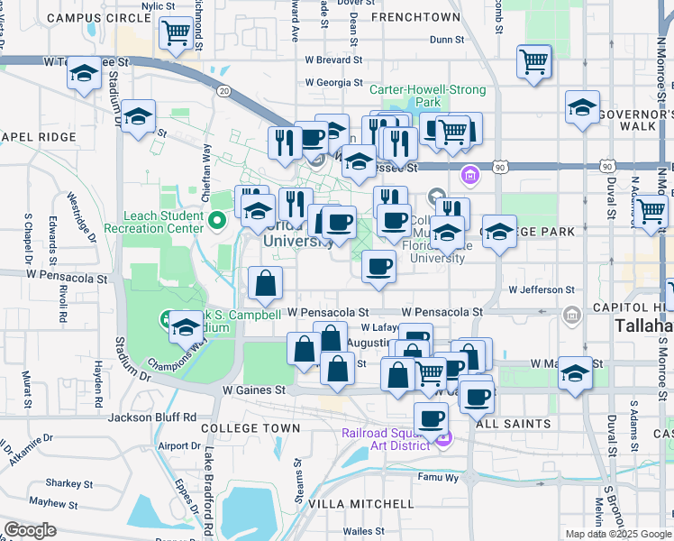 map of restaurants, bars, coffee shops, grocery stores, and more near 802 University Way in Tallahassee