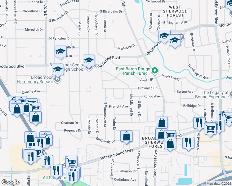 map of restaurants, bars, coffee shops, grocery stores, and more near 10280 Browning Drive in Baton Rouge