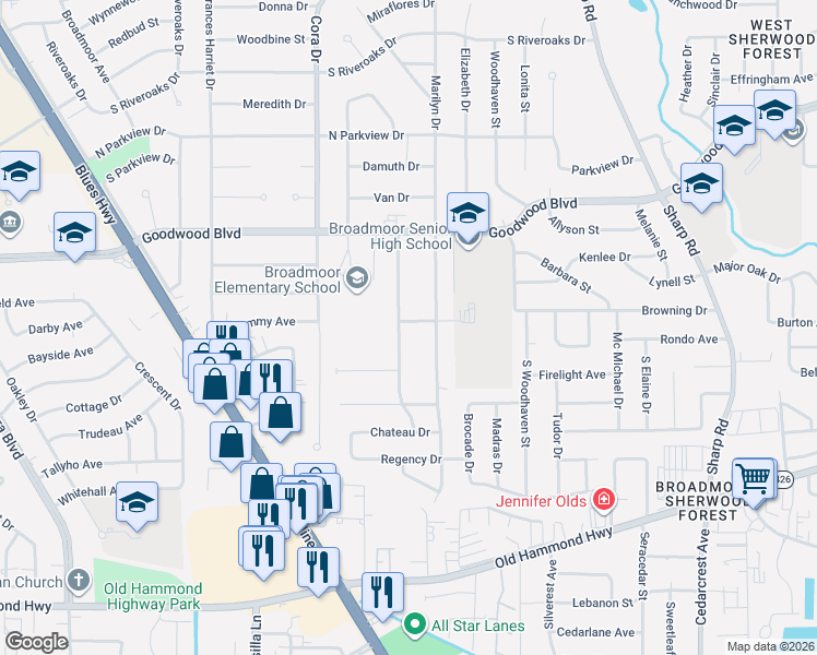 map of restaurants, bars, coffee shops, grocery stores, and more near 1344 Carolyn Sue Drive in Baton Rouge