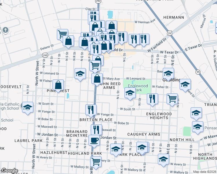 map of restaurants, bars, coffee shops, grocery stores, and more near 1905 Saint Mary Avenue in Pensacola