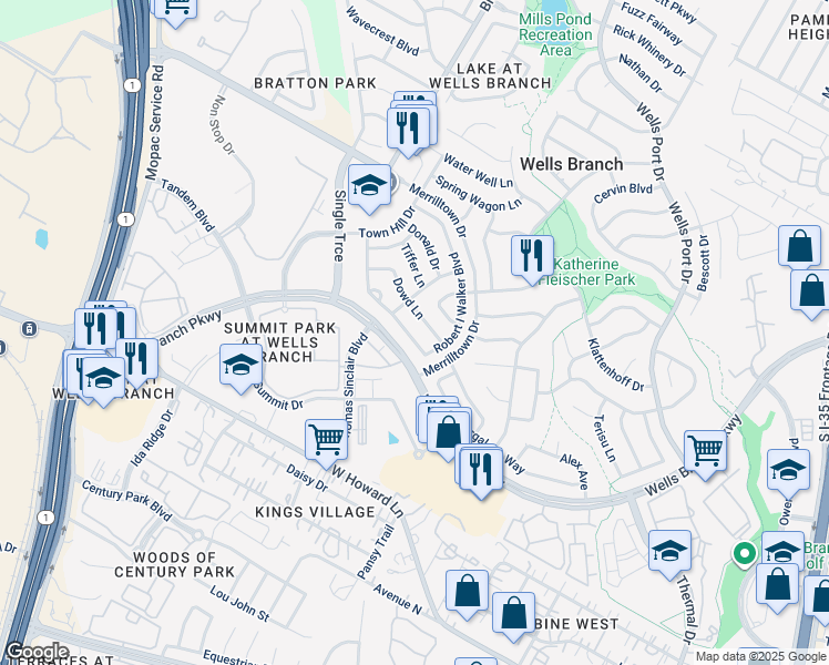map of restaurants, bars, coffee shops, grocery stores, and more near 14448 Robert I Walker Boulevard in Austin
