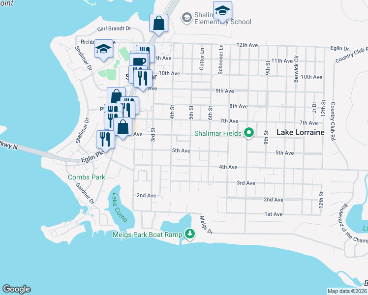 map of restaurants, bars, coffee shops, grocery stores, and more near 109 Post Oak Place in Shalimar