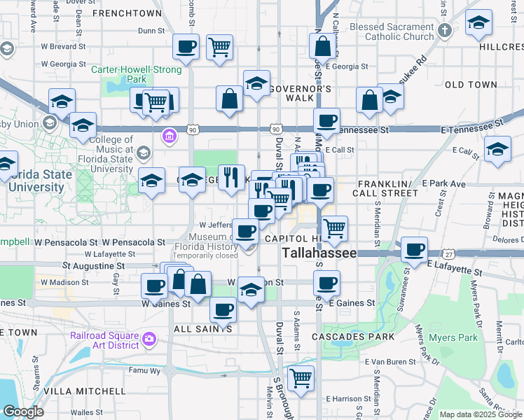 map of restaurants, bars, coffee shops, grocery stores, and more near 215 West College Avenue in Tallahassee