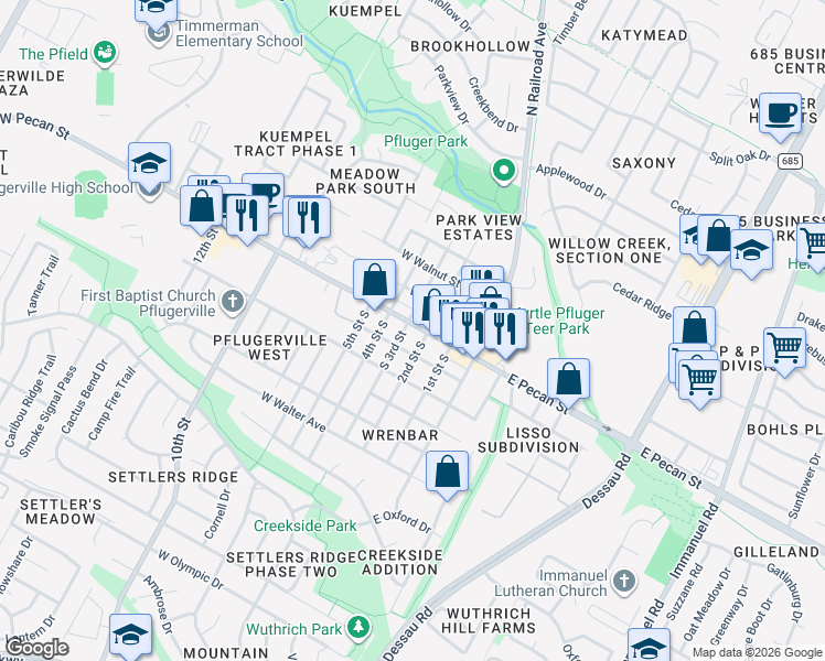 map of restaurants, bars, coffee shops, grocery stores, and more near 101 South 3rd Street in Pflugerville