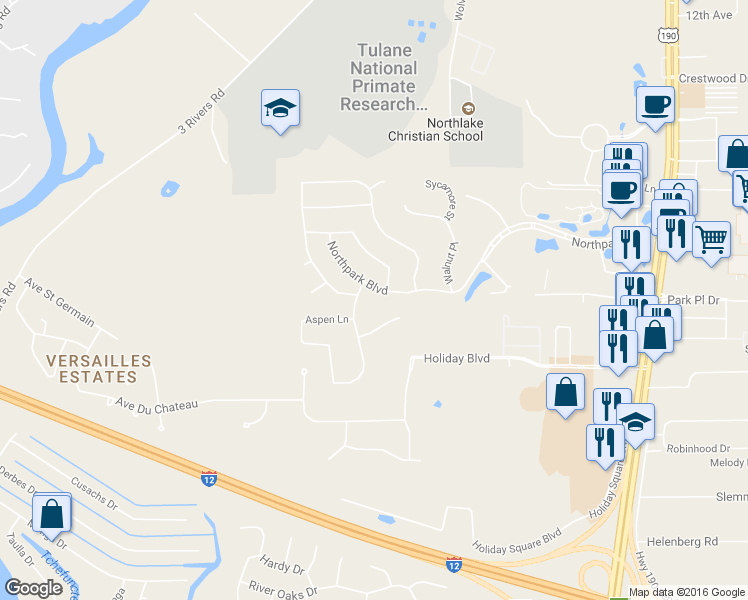 map of restaurants, bars, coffee shops, grocery stores, and more near 405 Northpark Boulevard in Covington