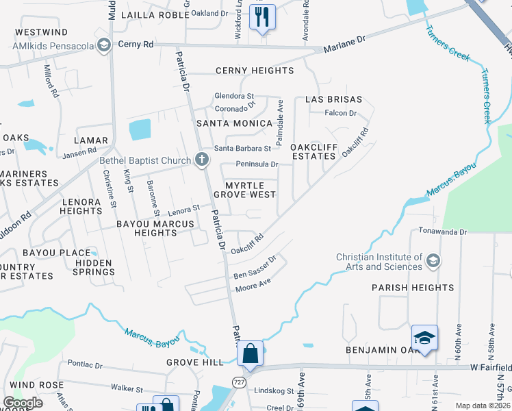 map of restaurants, bars, coffee shops, grocery stores, and more near 7140 Pearson Road in Pensacola