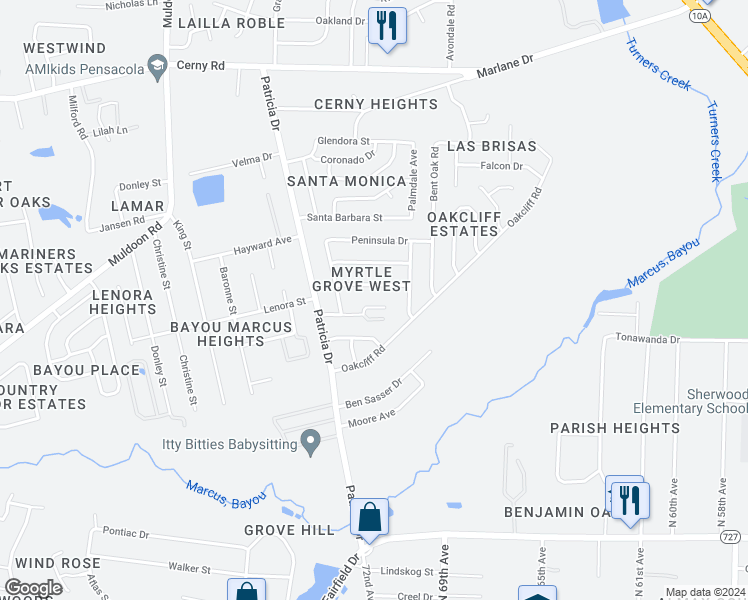 map of restaurants, bars, coffee shops, grocery stores, and more near 7142 Pearson Road in Pensacola