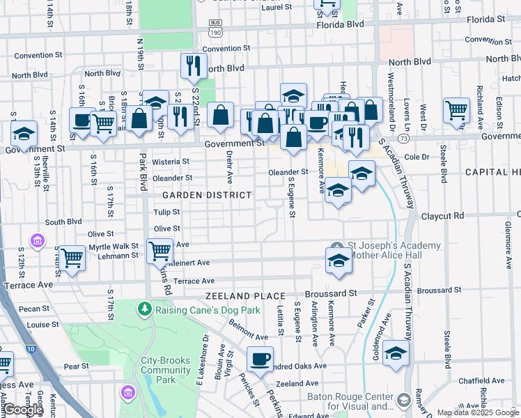 map of restaurants, bars, coffee shops, grocery stores, and more near 2376 Cherokee Street in Baton Rouge