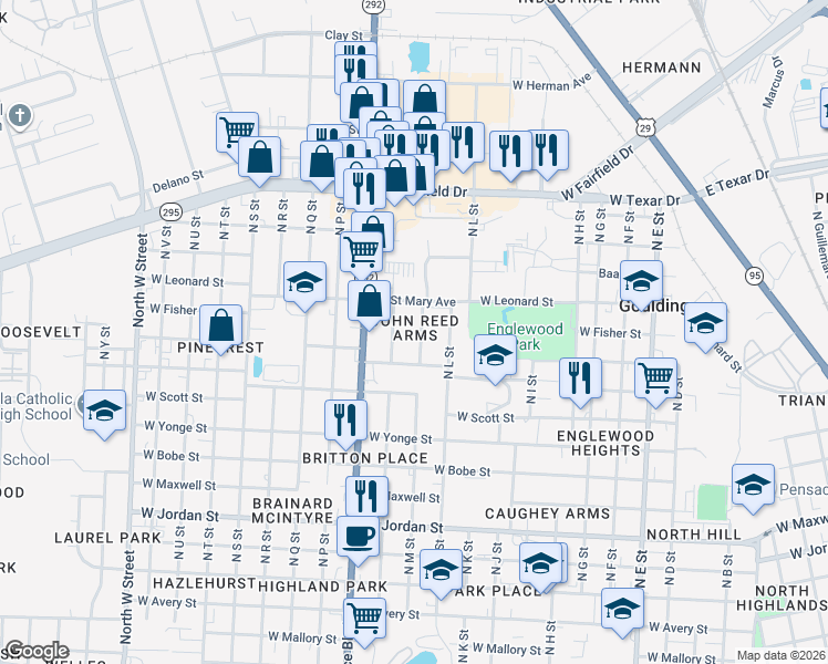 map of restaurants, bars, coffee shops, grocery stores, and more near 1905 Saint Mary Avenue in Pensacola
