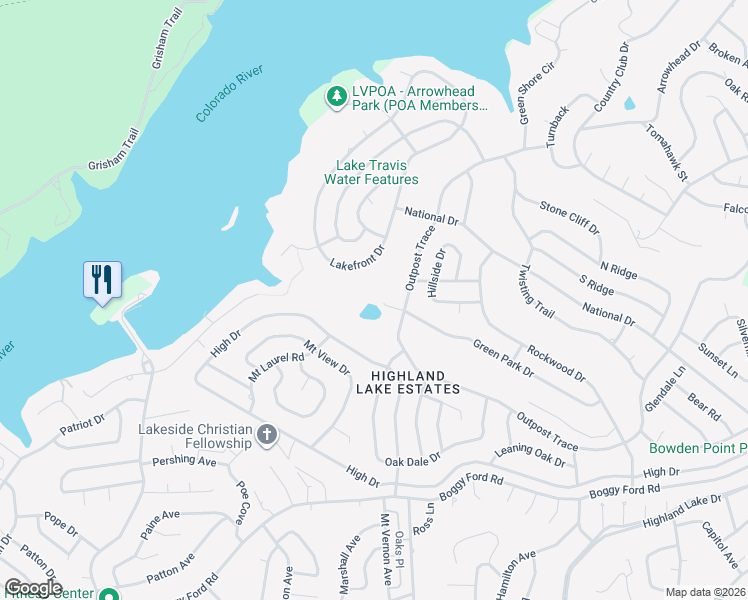 map of restaurants, bars, coffee shops, grocery stores, and more near 21469 Lakefront Drive in Lago Vista