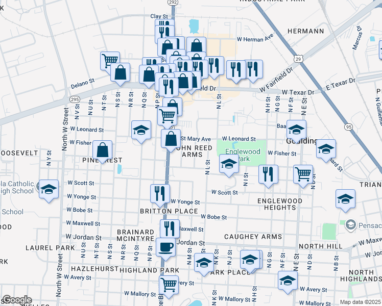 map of restaurants, bars, coffee shops, grocery stores, and more near 2707 North M Street in Pensacola