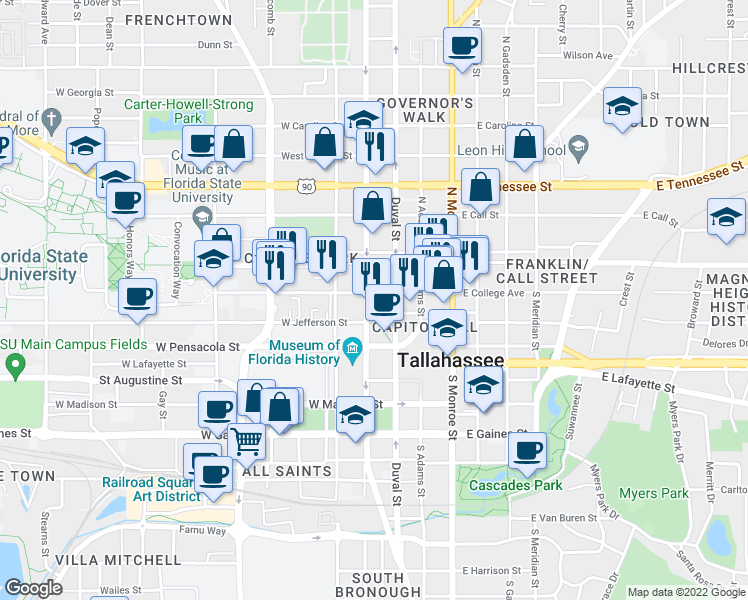 map of restaurants, bars, coffee shops, grocery stores, and more near 200 West College Avenue in Tallahassee