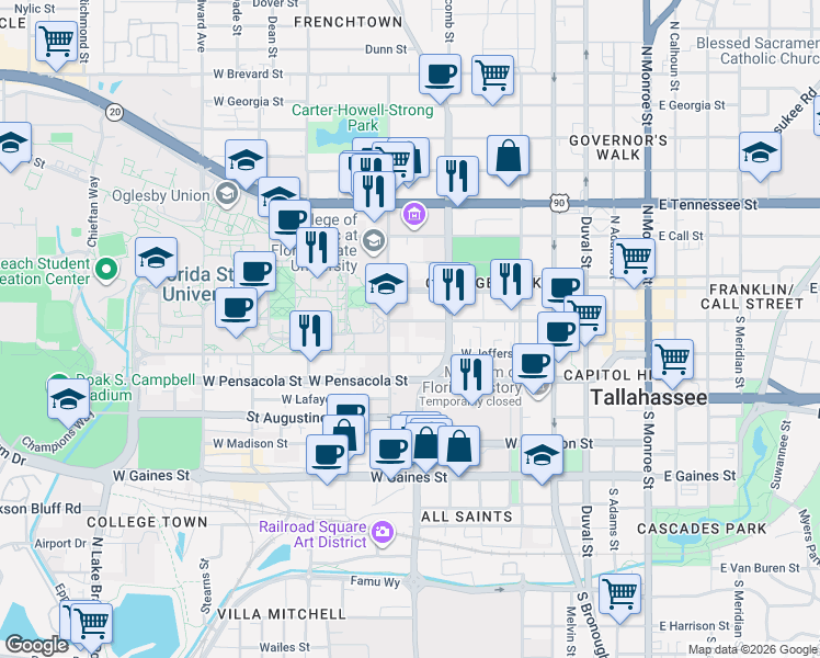 map of restaurants, bars, coffee shops, grocery stores, and more near 535 West College Avenue in Tallahassee