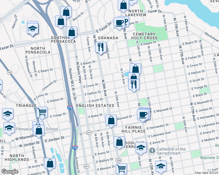 map of restaurants, bars, coffee shops, grocery stores, and more near 919 East Cross Street in Pensacola