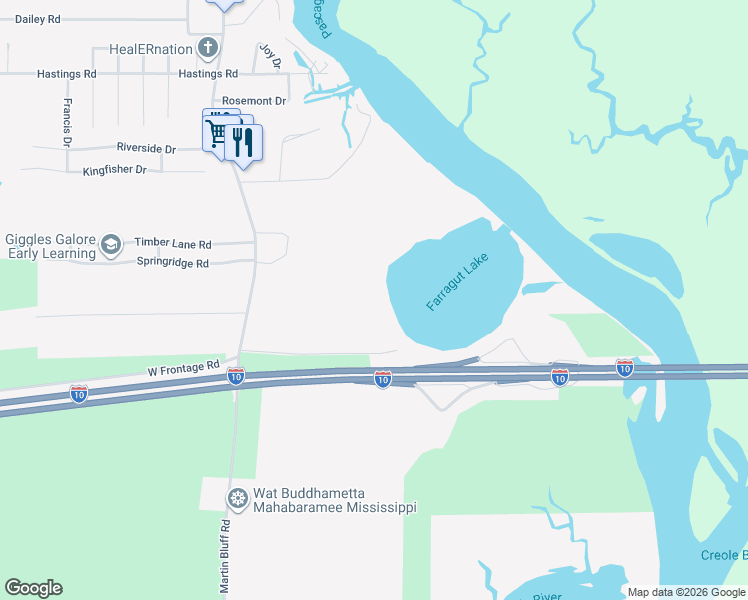map of restaurants, bars, coffee shops, grocery stores, and more near 916 Farrigut Lake Road in Gautier