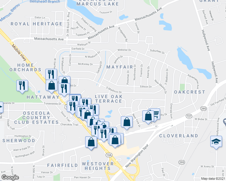map of restaurants, bars, coffee shops, grocery stores, and more near 813 South Madison Drive in Pensacola