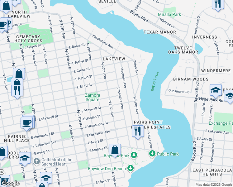 map of restaurants, bars, coffee shops, grocery stores, and more near 2023 East Yonge Street in Pensacola