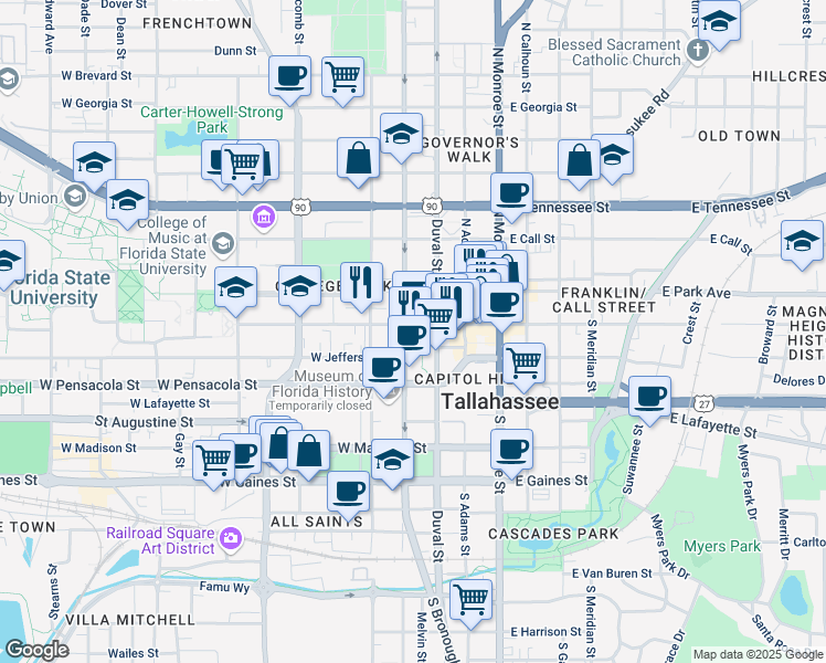 map of restaurants, bars, coffee shops, grocery stores, and more near 200 West College Avenue in Tallahassee
