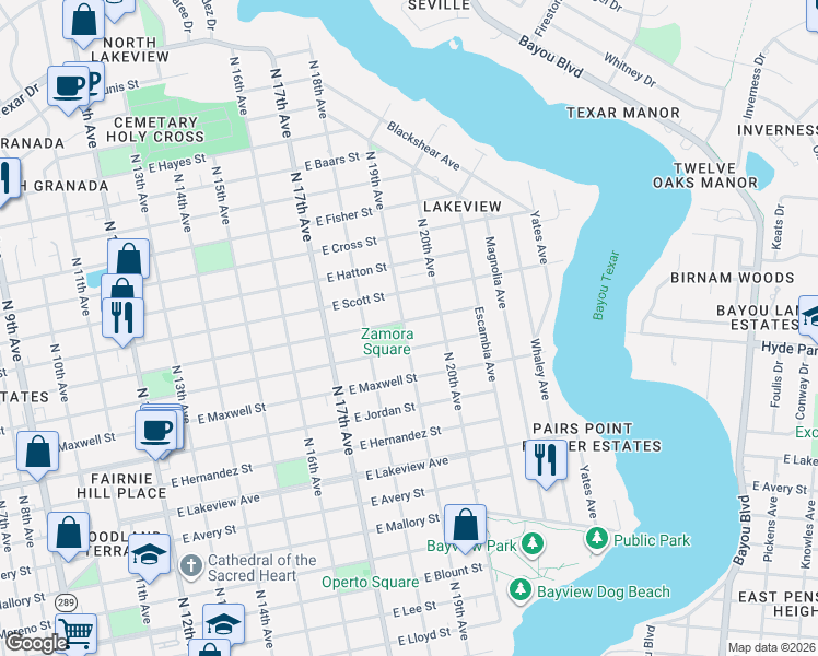 map of restaurants, bars, coffee shops, grocery stores, and more near 1908 East Yonge Street in Pensacola