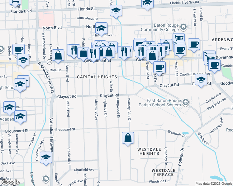 map of restaurants, bars, coffee shops, grocery stores, and more near 845A Wiltz Drive in Baton Rouge