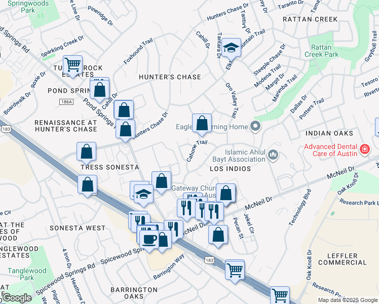 map of restaurants, bars, coffee shops, grocery stores, and more near 8005 Boneta Trail in Austin