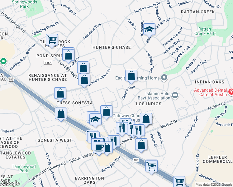 map of restaurants, bars, coffee shops, grocery stores, and more near 8005 Boneta Trail in Austin