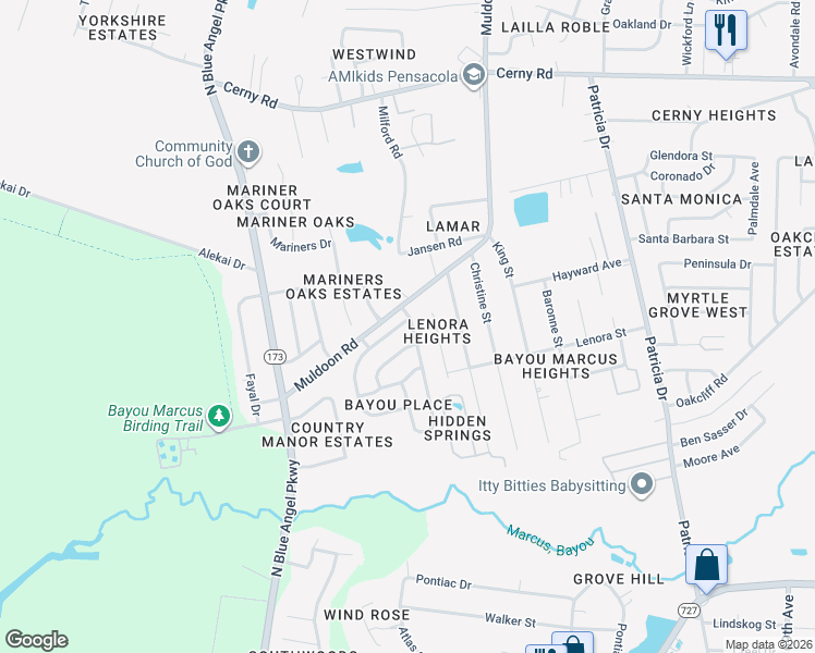 map of restaurants, bars, coffee shops, grocery stores, and more near 7902 Cayenne Way in Pensacola