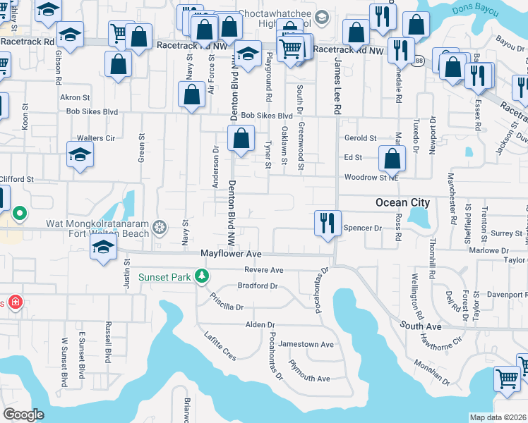 map of restaurants, bars, coffee shops, grocery stores, and more near 112 Pentecost Way in Fort Walton Beach