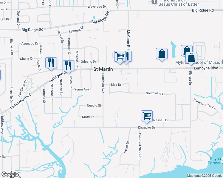 map of restaurants, bars, coffee shops, grocery stores, and more near 6808 Westwind Drive in Biloxi