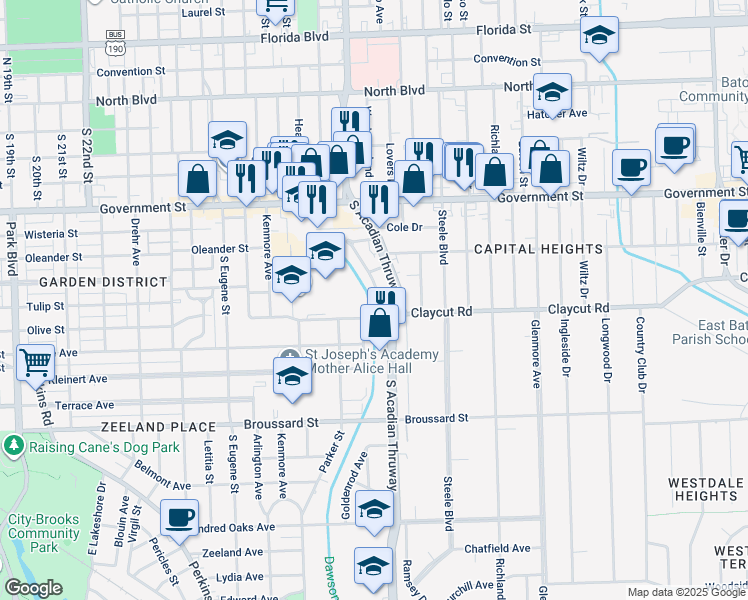 map of restaurants, bars, coffee shops, grocery stores, and more near 768 Carol Marie Drive in Baton Rouge