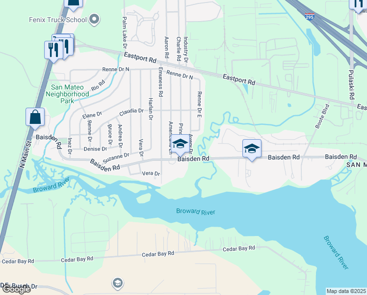 map of restaurants, bars, coffee shops, grocery stores, and more near 11225 Princessa Lane in Jacksonville