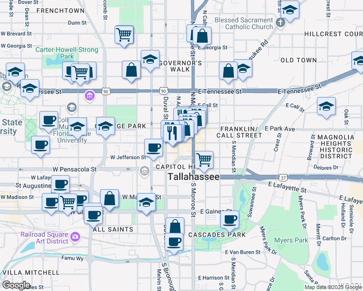 map of restaurants, bars, coffee shops, grocery stores, and more near 123 South Adams Street in Tallahassee