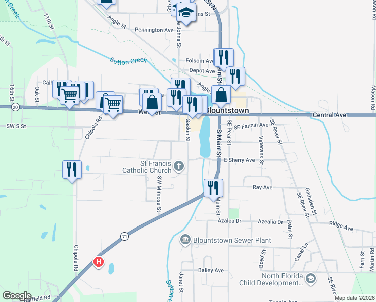 map of restaurants, bars, coffee shops, grocery stores, and more near 16619 Gaskin Street in Blountstown
