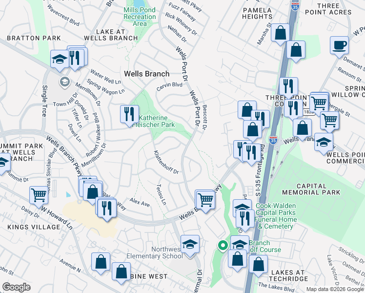map of restaurants, bars, coffee shops, grocery stores, and more near 14611 Sandy Side Drive in Austin