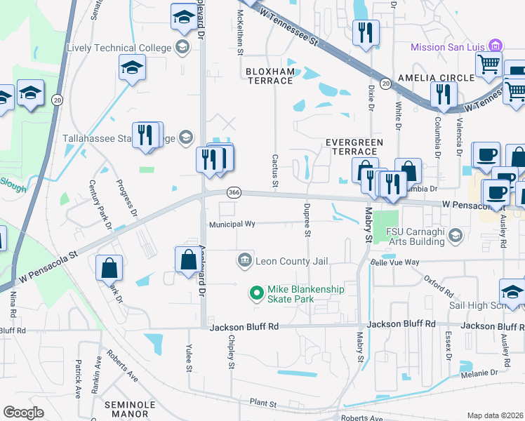 map of restaurants, bars, coffee shops, grocery stores, and more near 2757 West Pensacola Street in Tallahassee