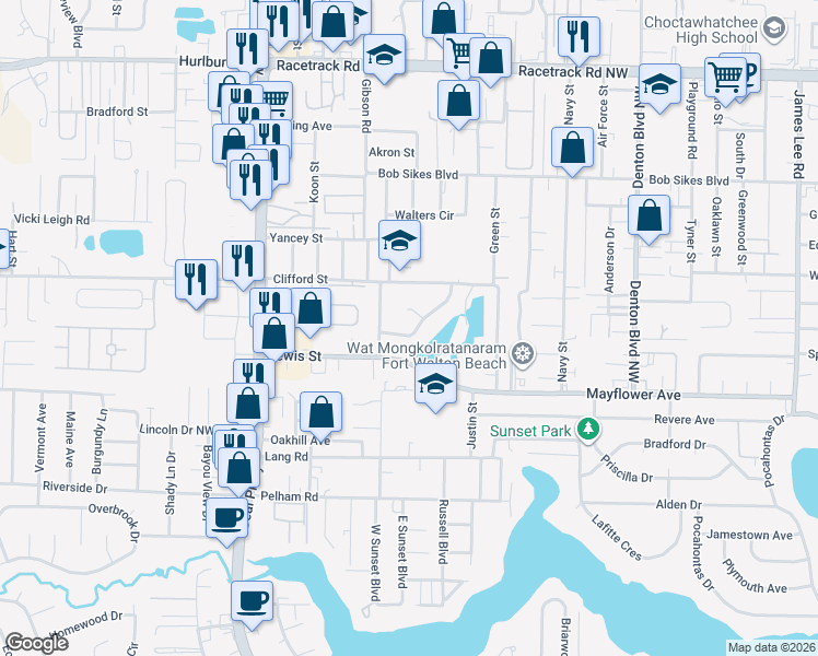 map of restaurants, bars, coffee shops, grocery stores, and more near 312 Somerset Drive in Fort Walton Beach