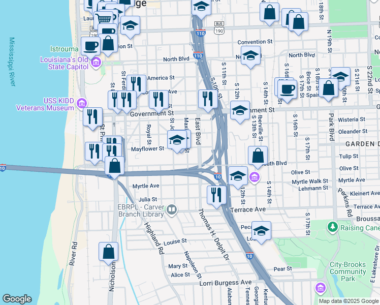 map of restaurants, bars, coffee shops, grocery stores, and more near 736 East Boulevard in Baton Rouge