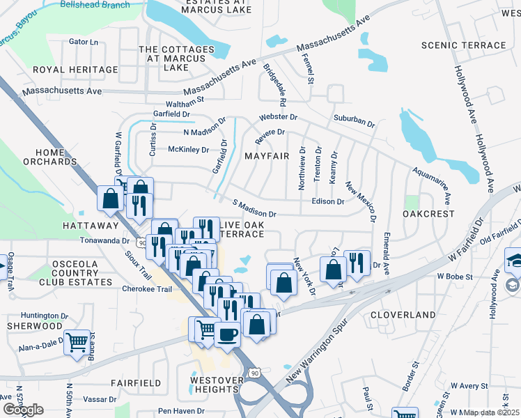 map of restaurants, bars, coffee shops, grocery stores, and more near 421 Edison Drive in Pensacola