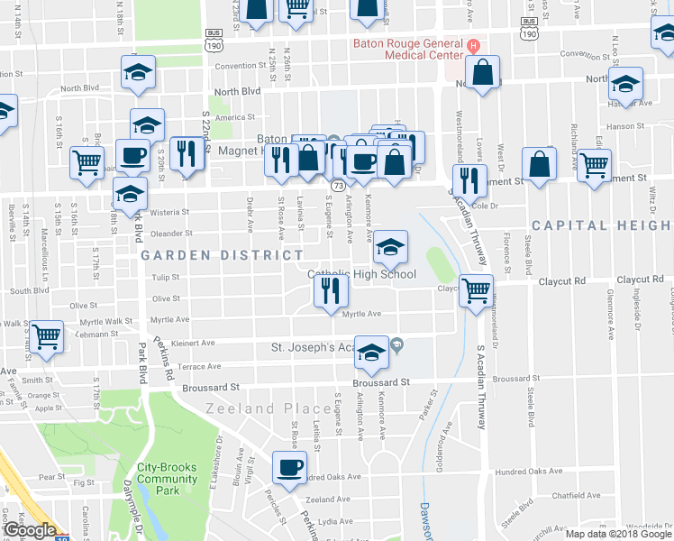 map of restaurants, bars, coffee shops, grocery stores, and more near 869 South Eugene Street in Baton Rouge