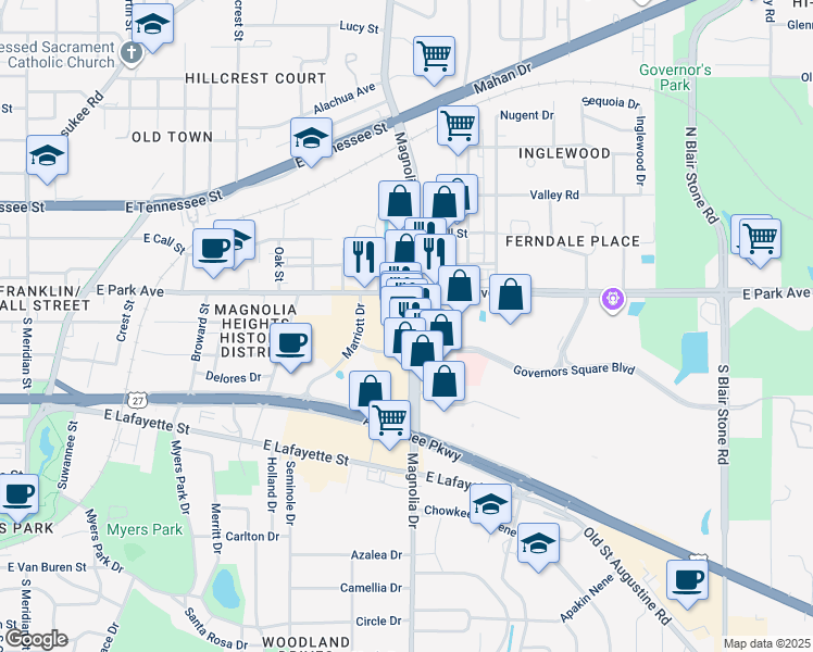 map of restaurants, bars, coffee shops, grocery stores, and more near 216 S Magnolia Dr in Tallahassee